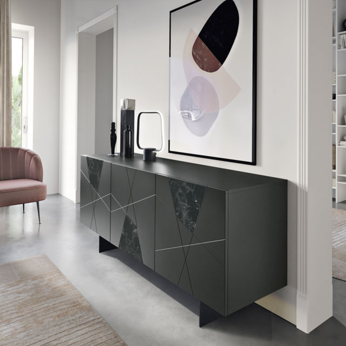 Madia moderna 3 ante "Adelaide" in legno inserti in vetro effetto marmo cm 180x50 80h