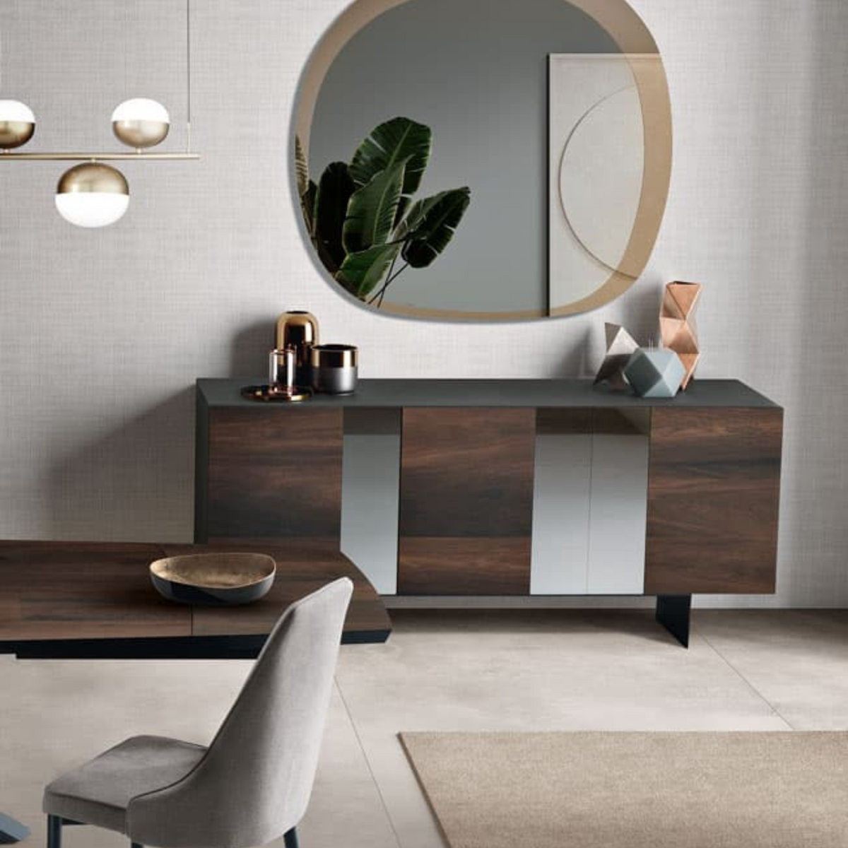 Madia moderna 3 ante già assemblata "Isabel" in legno inserti specchio cm 180x50 80h