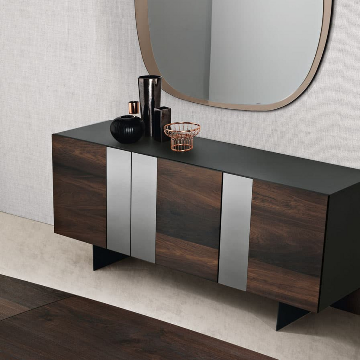 Madia moderna 3 ante già assemblata "Isabel" in legno inserti specchio cm 180x50 80h