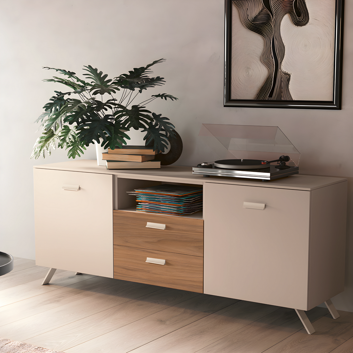 Madia moderna "Abaco" cashmere e noce con 2 ante 2 cassetti piede metallo verniciato cm 180x47,5 85h