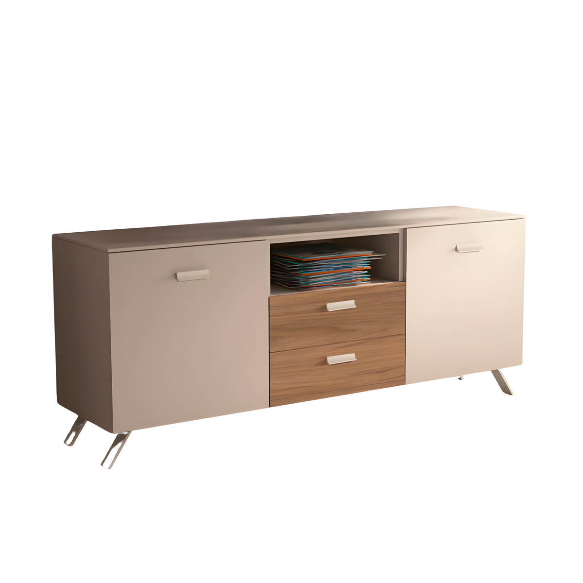 Madia moderna "Abaco" cashmere e noce con 2 ante 2 cassetti piede metallo verniciato cm 180x47,5 85h