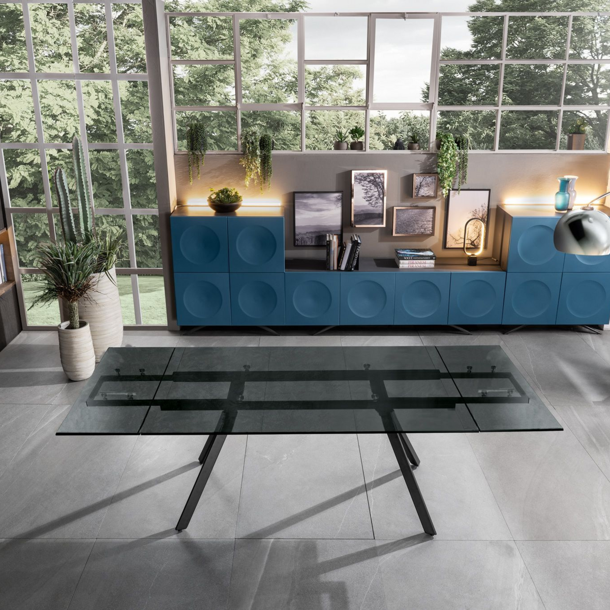 Tavolo allungabile "Smokey" con piano in vetro temperato cm 160/240x90 h76h