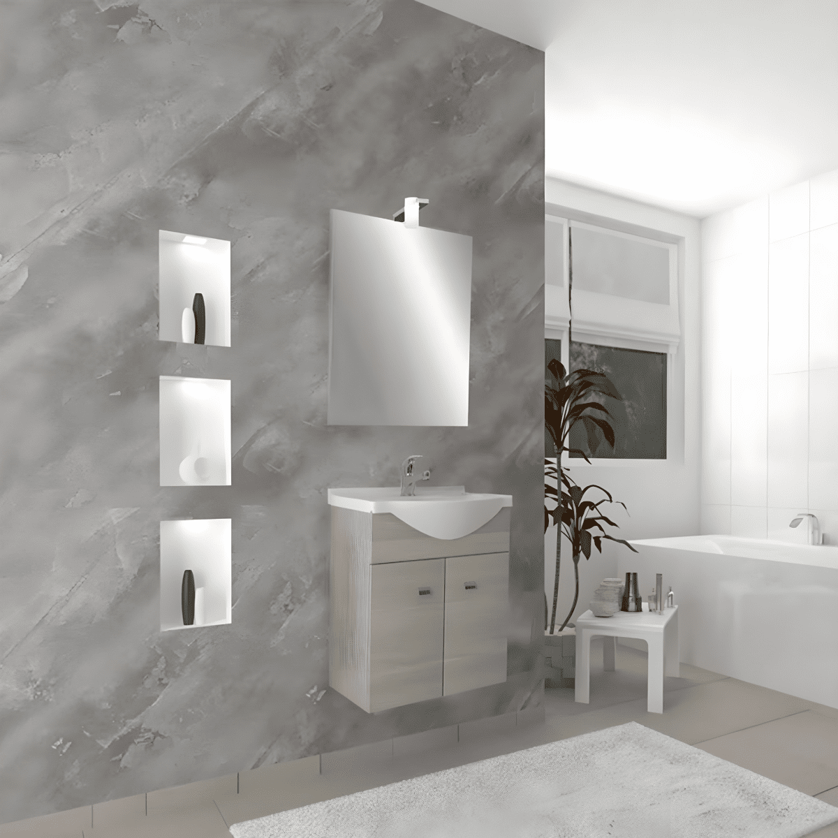 Mobile bagno sospeso "Moa55" con lavabo consolle e ante con maniglie cromate e specchio LED - MondoViro