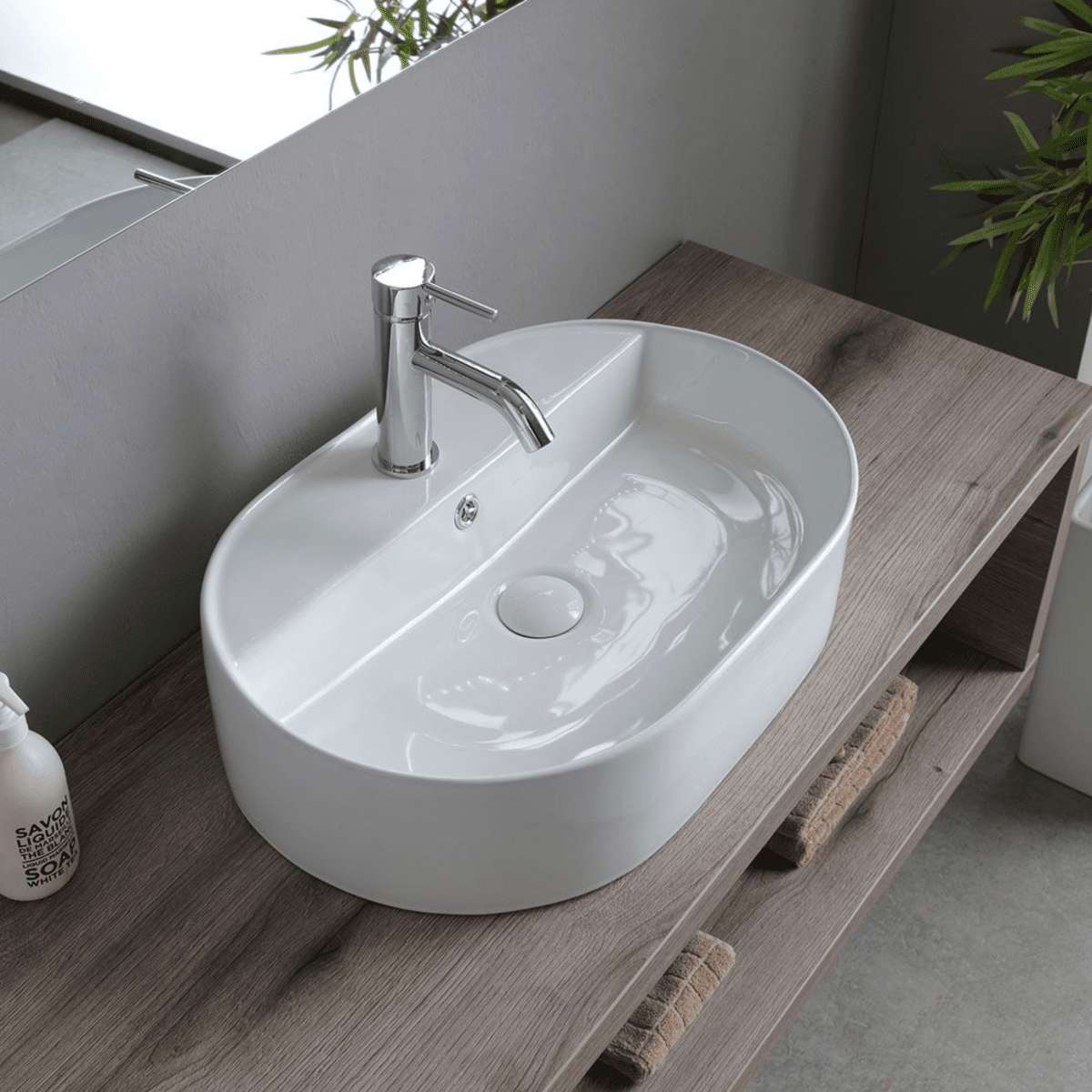 Mobile bagno sospeso rovere fossile "Samoa" 120 cm con lavabo ovale e specchio rettangolare LED - MondoViro
