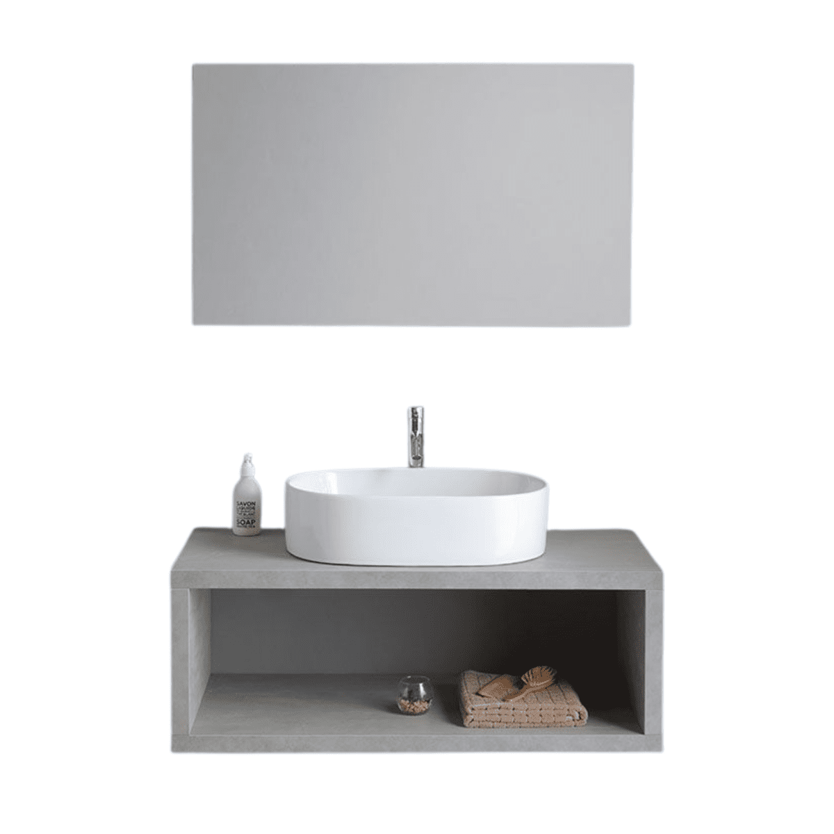 Mobile bagno sospeso grigio "Samos" 100 cm con lavabo in ceramica ovale e specchio semplice - MondoViro