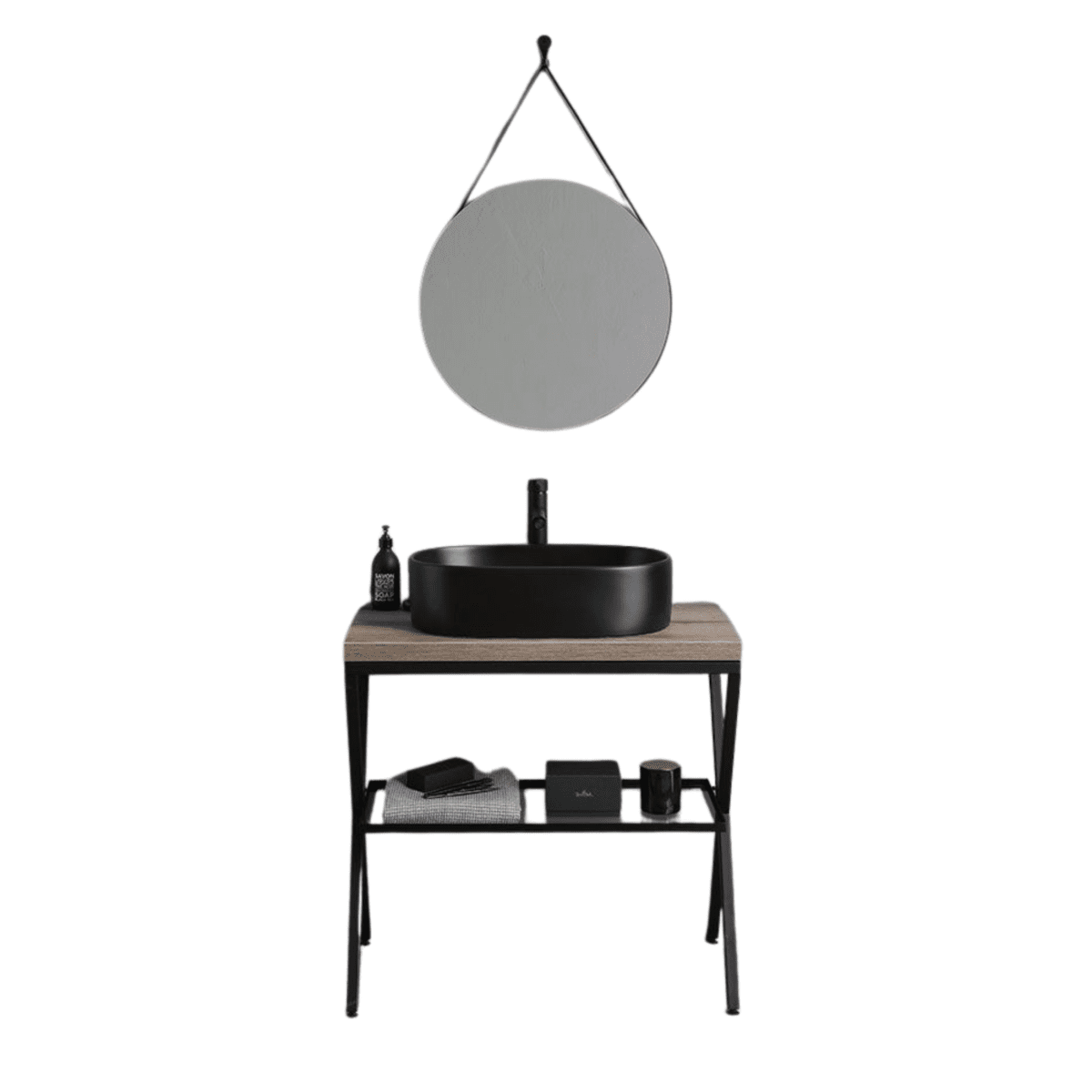 Mobile bagno a terra rovere fossile "Victoria" con lavabo in ceramica nero opaco ovale e specchio rotondo 80 cm - MondoViro