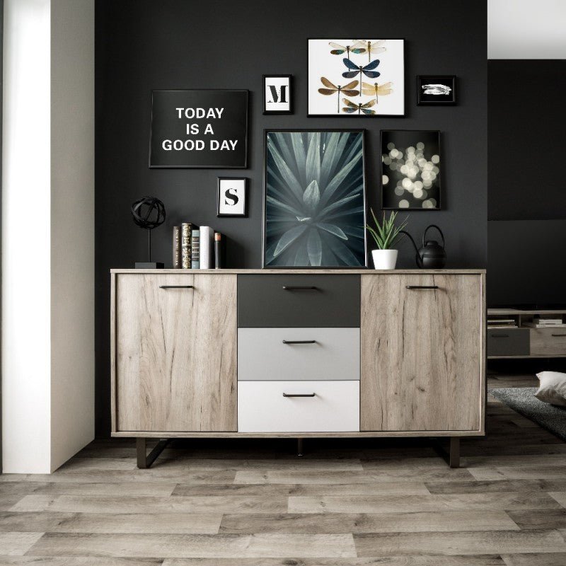 Madia 2 ante 3 cassetti in legno "Orlando" piedi in metallo cm 160x35 86h - MondoViro