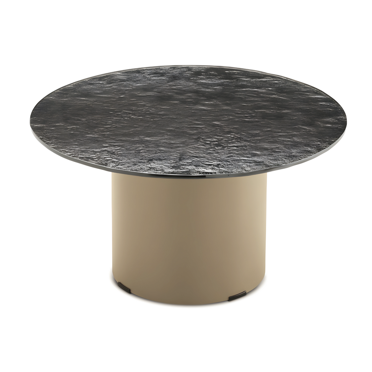 Tavolino rotondo "Dixy" con base in metallo e piano in vetro