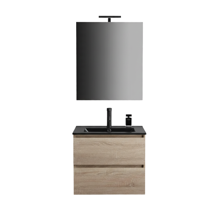 Mobile bagno sospeso 2 cassetti "Berlino60" color rovere con lavabo nero e specchio