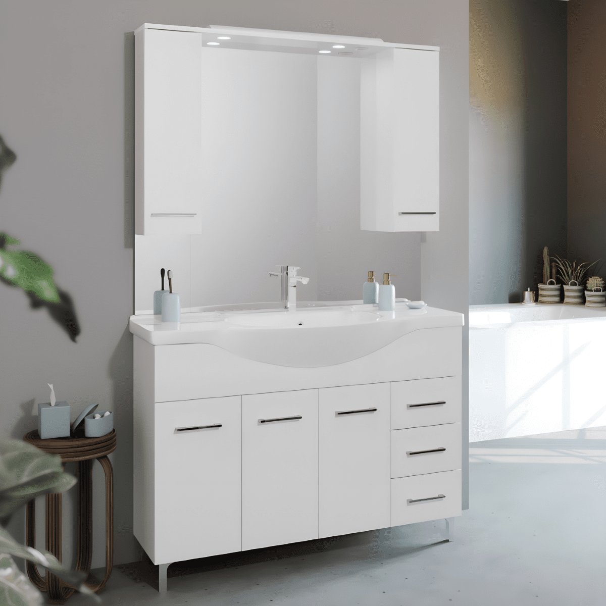 Mobili bagno "Kiro" in nobilitato con finitura bianco lucido , lavabo in ceramica da incasso e specchio - MondoViro