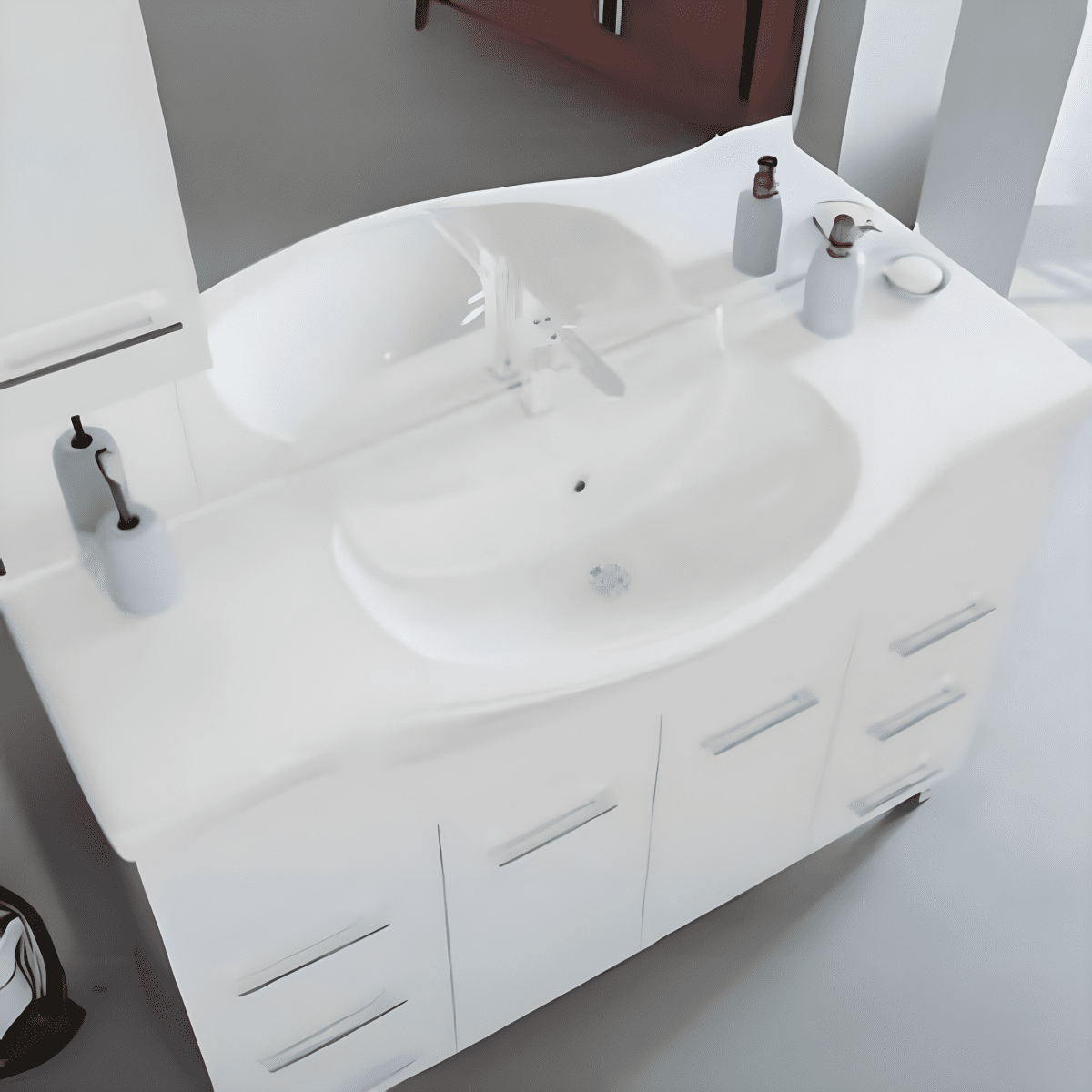 Mobili bagno "Kiro" in nobilitato con finitura bianco lucido , lavabo in ceramica da incasso e specchio - MondoViro