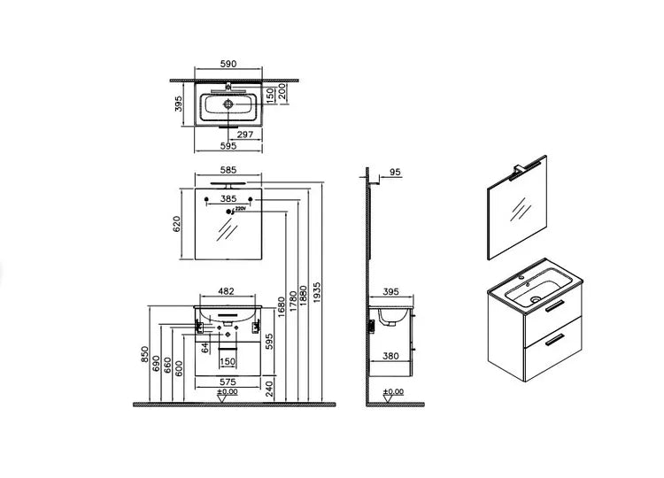 Mobile da bagno sospeso "Vitrax" in legno con 2 cassetti lavabo specchio e lampada - MondoViro