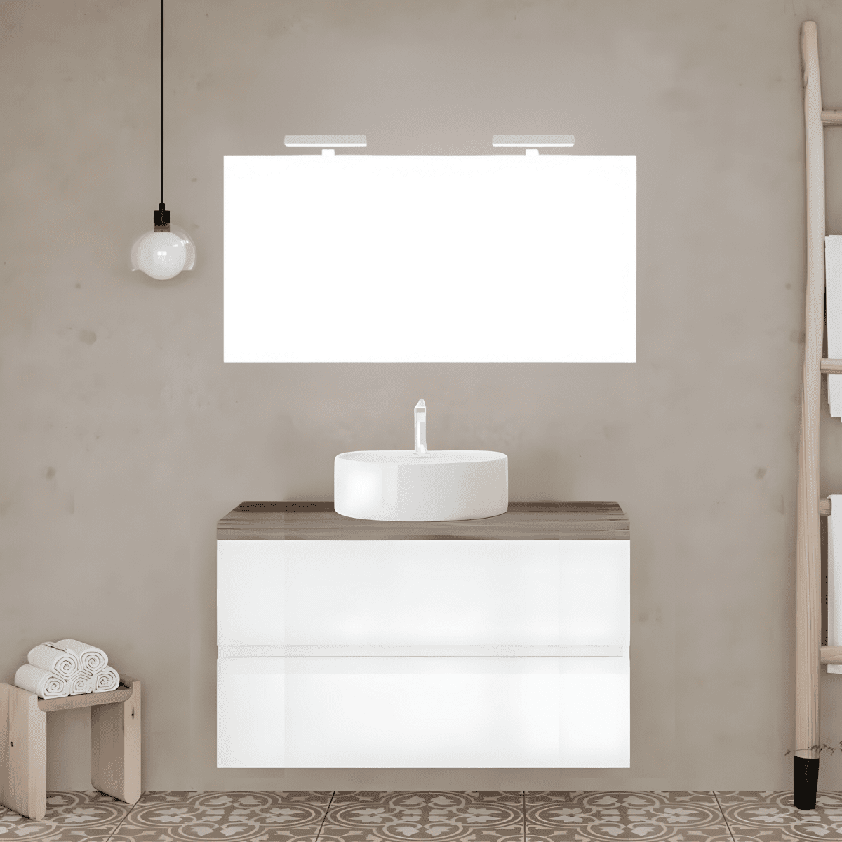 Mobile da bagno sospeso "Tara3" con lavabo da appoggio ovale , top e specchio LED - MondoViro