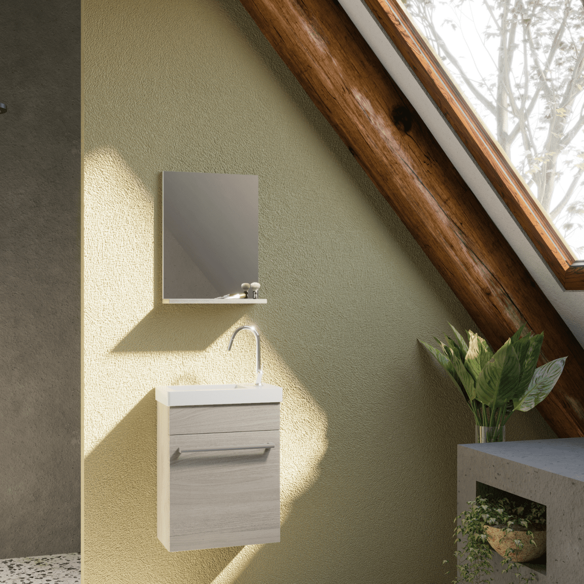 Mobile da bagno sospeso "Kalua" con lavabo in ceramica integrato e specchiera con mensola cm 42x23 105h - MondoViro