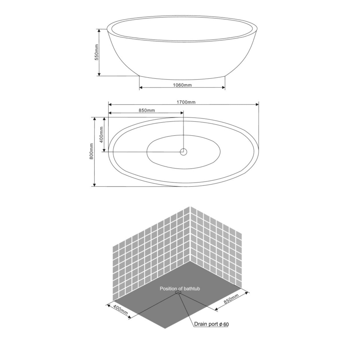 Vasca da bagno a centro stanza "Arianna" in acrilico bianco cm 170x80 55h - MondoViro