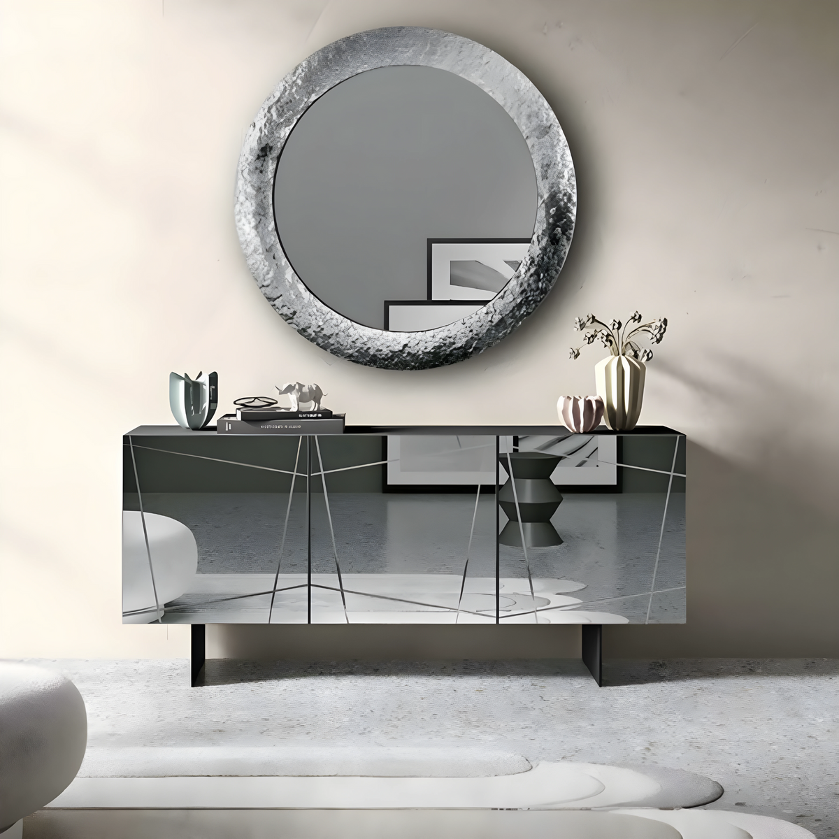 Madia moderna già assemblata in legno "Conty" 3 ante specchio cm 180x50 h80