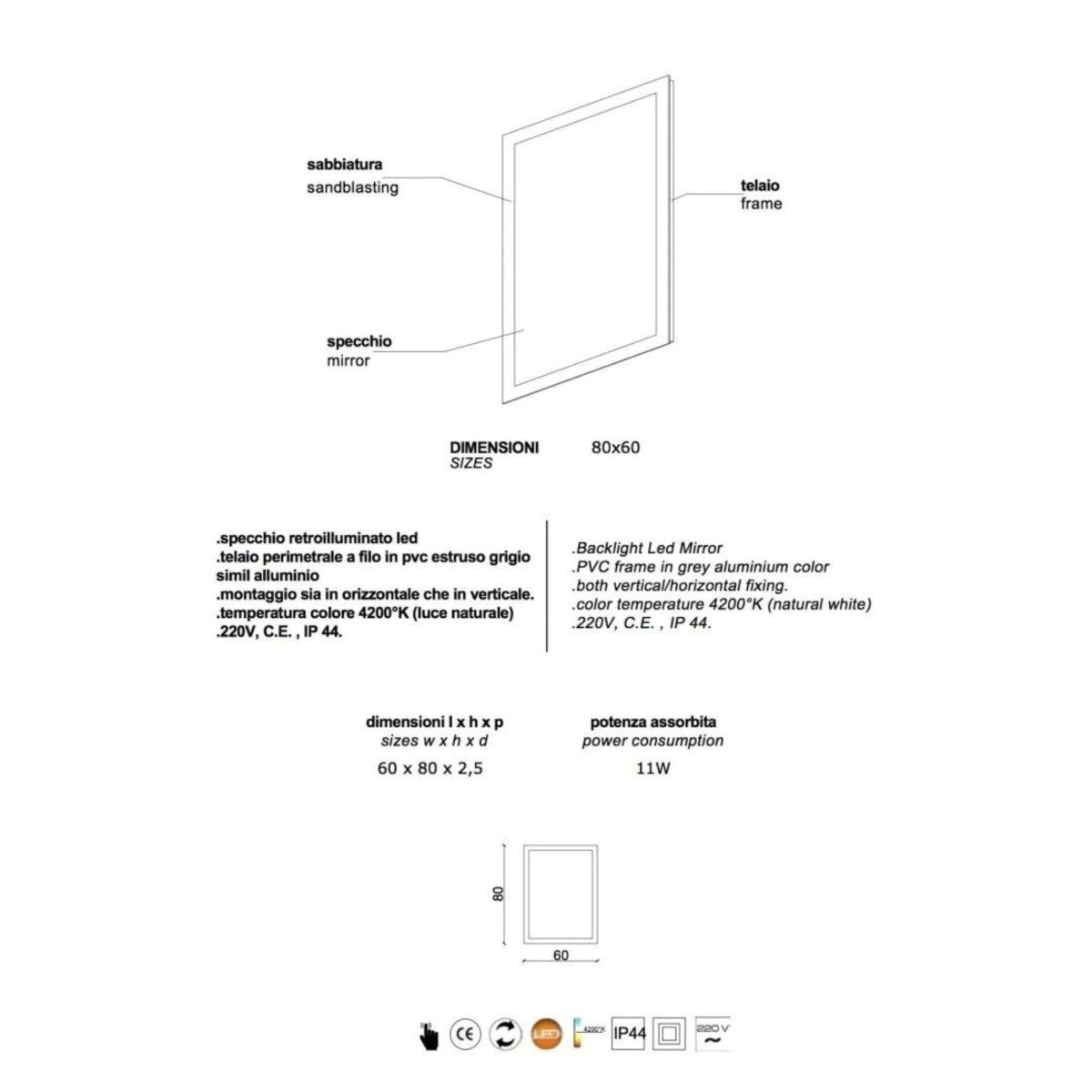 Specchio con cornice led "Bend" rettangolare reversibile cm 80x60 - MondoViro