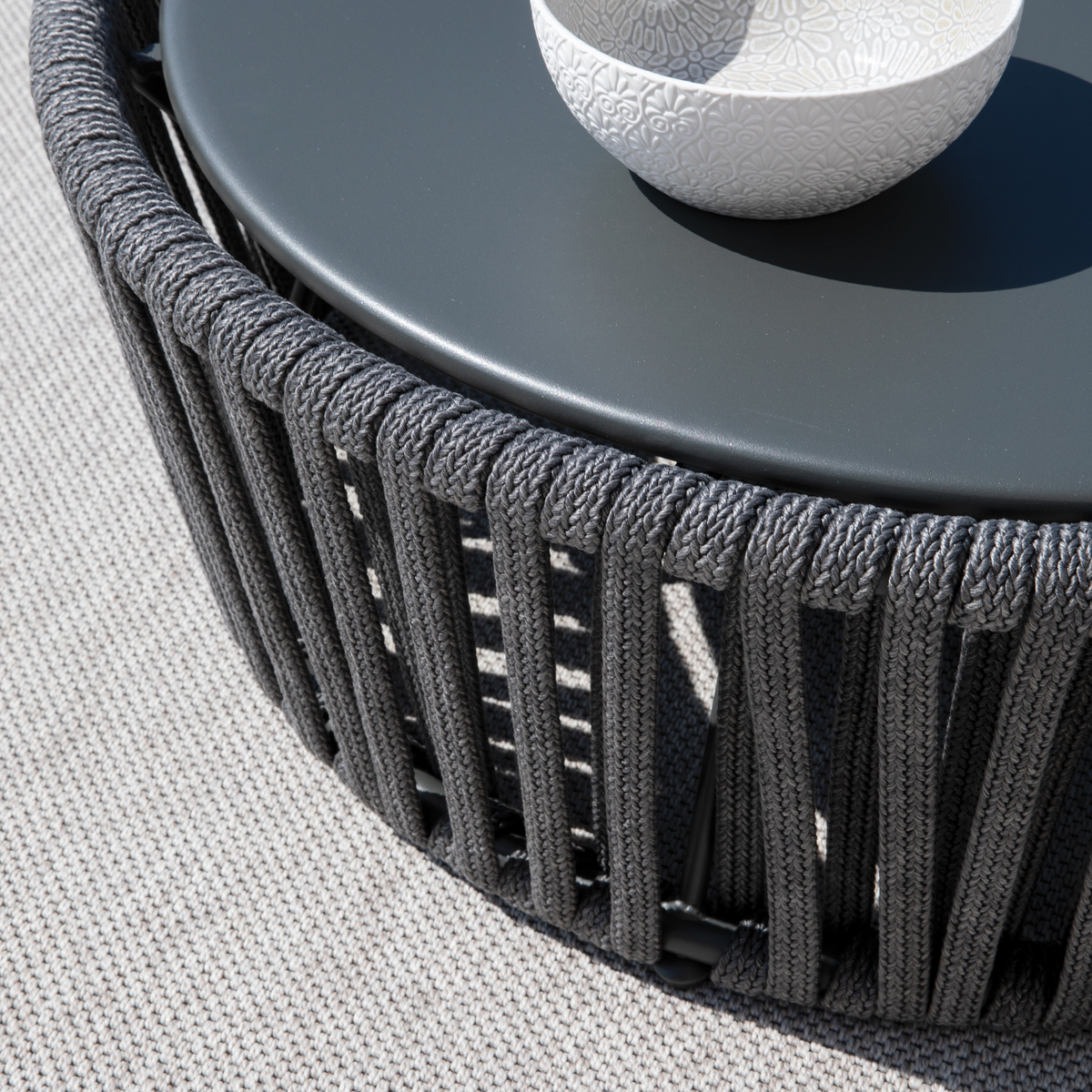 Pouf tavolino in corda e acciaio inox "Daisy Rope" tavolo basso da giardino cm 90x90 45h