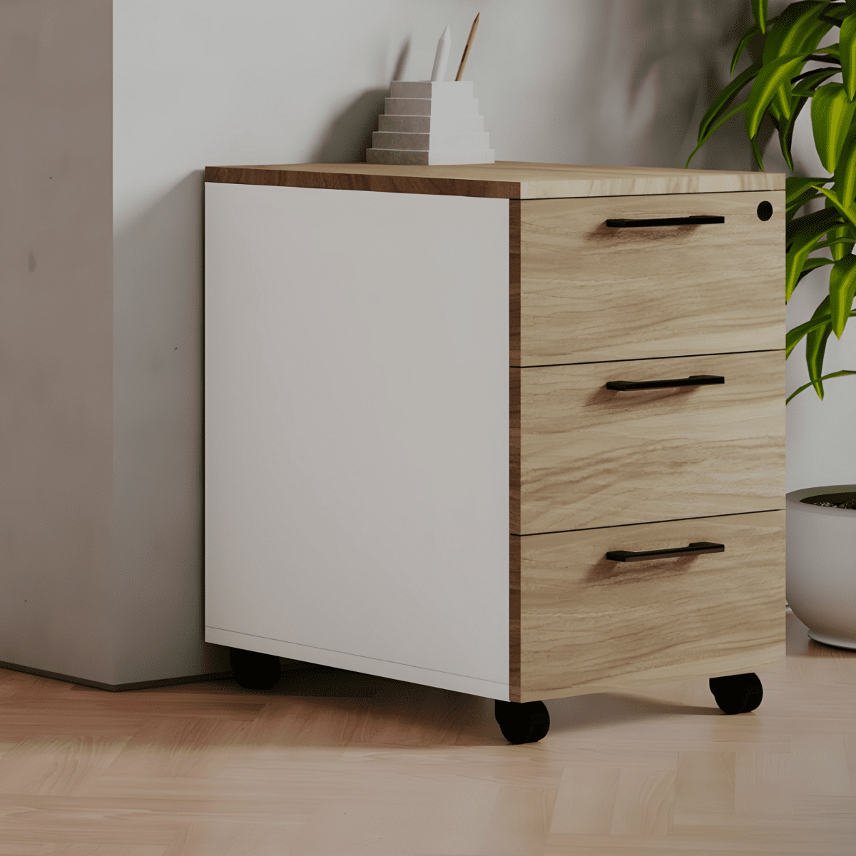 Cassettiera moderna da ufficio 3 cassetti "Ibisco" bianca e noce naturale cm 40x55 58h - MondoViro