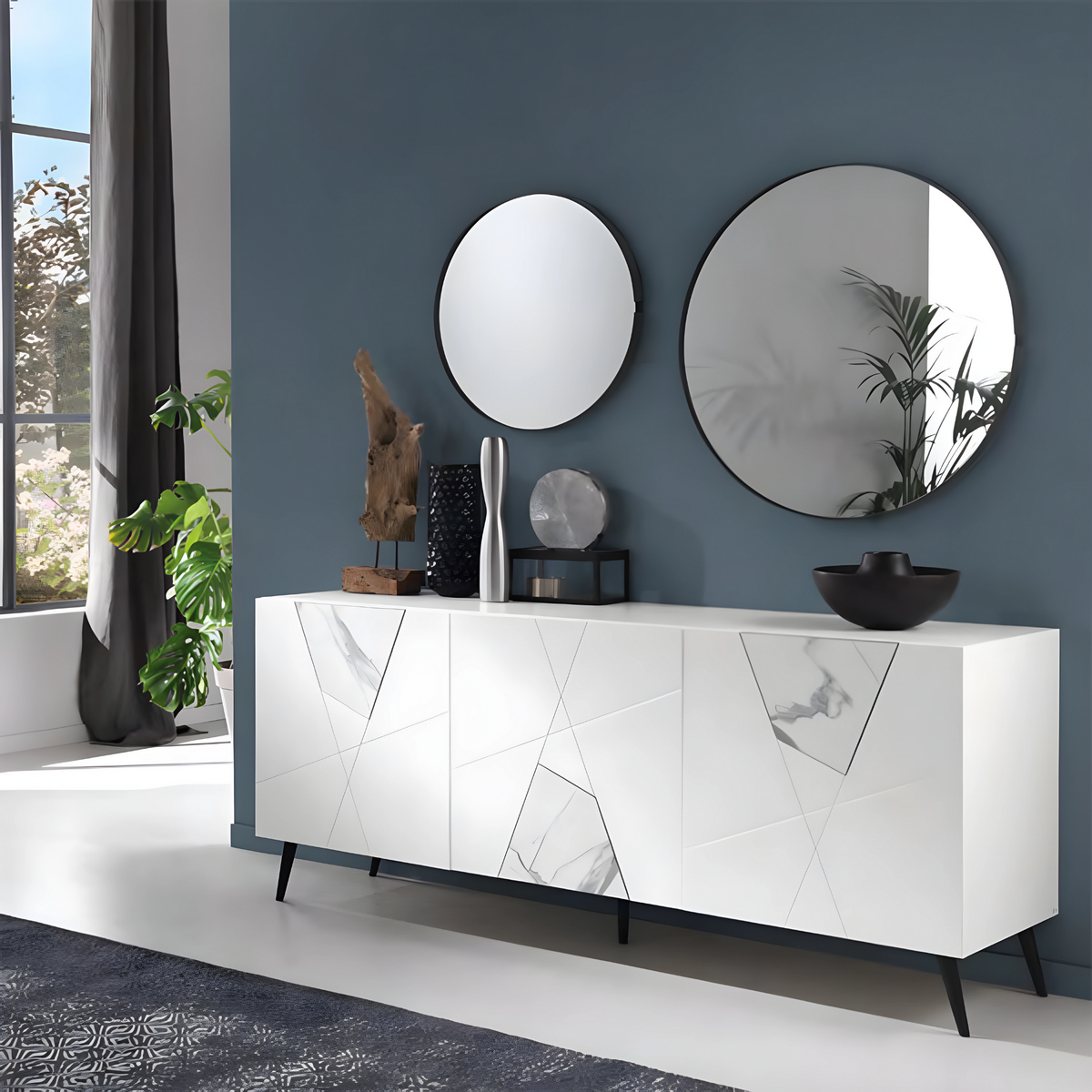 Madia moderna 3 ante "Adelaide" in legno inserti in vetro effetto marmo cm 180x50 80h