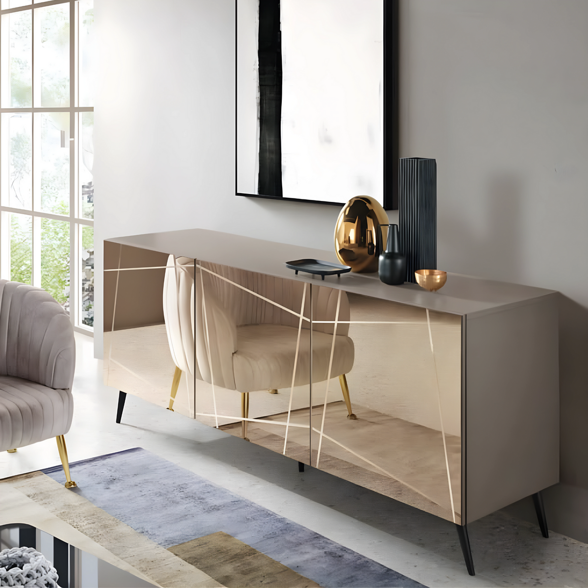 Madia moderna già assemblata in legno "Conty" 3 ante specchio cm 180x50 h80