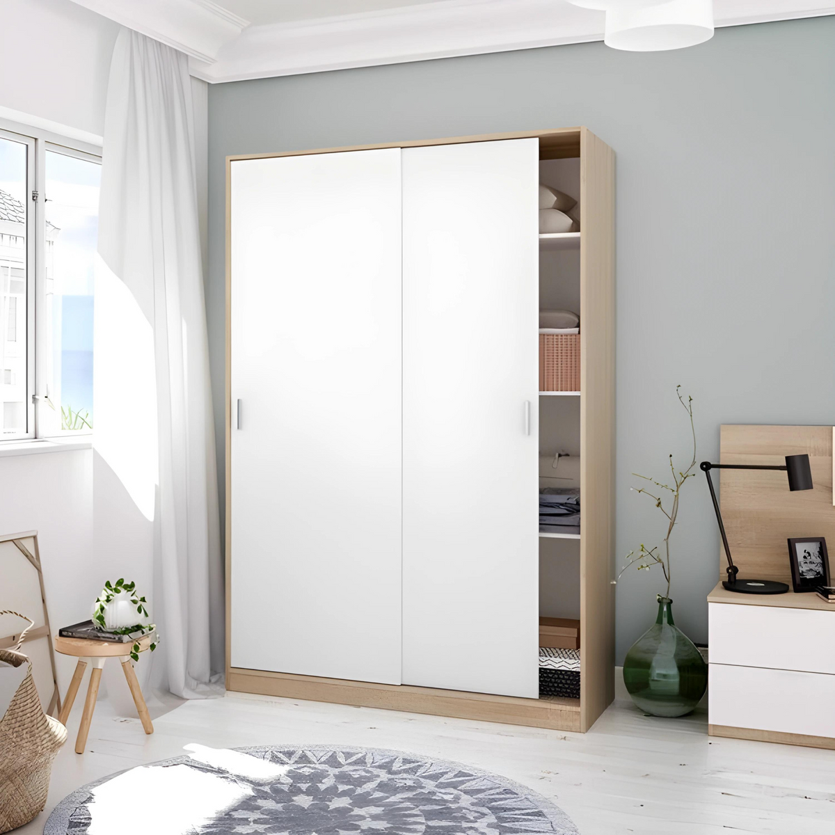 Armadio guardaroba "Pexy" in legno con ante scorrevoli appendiabiti e ripiani cm 120x50 200h