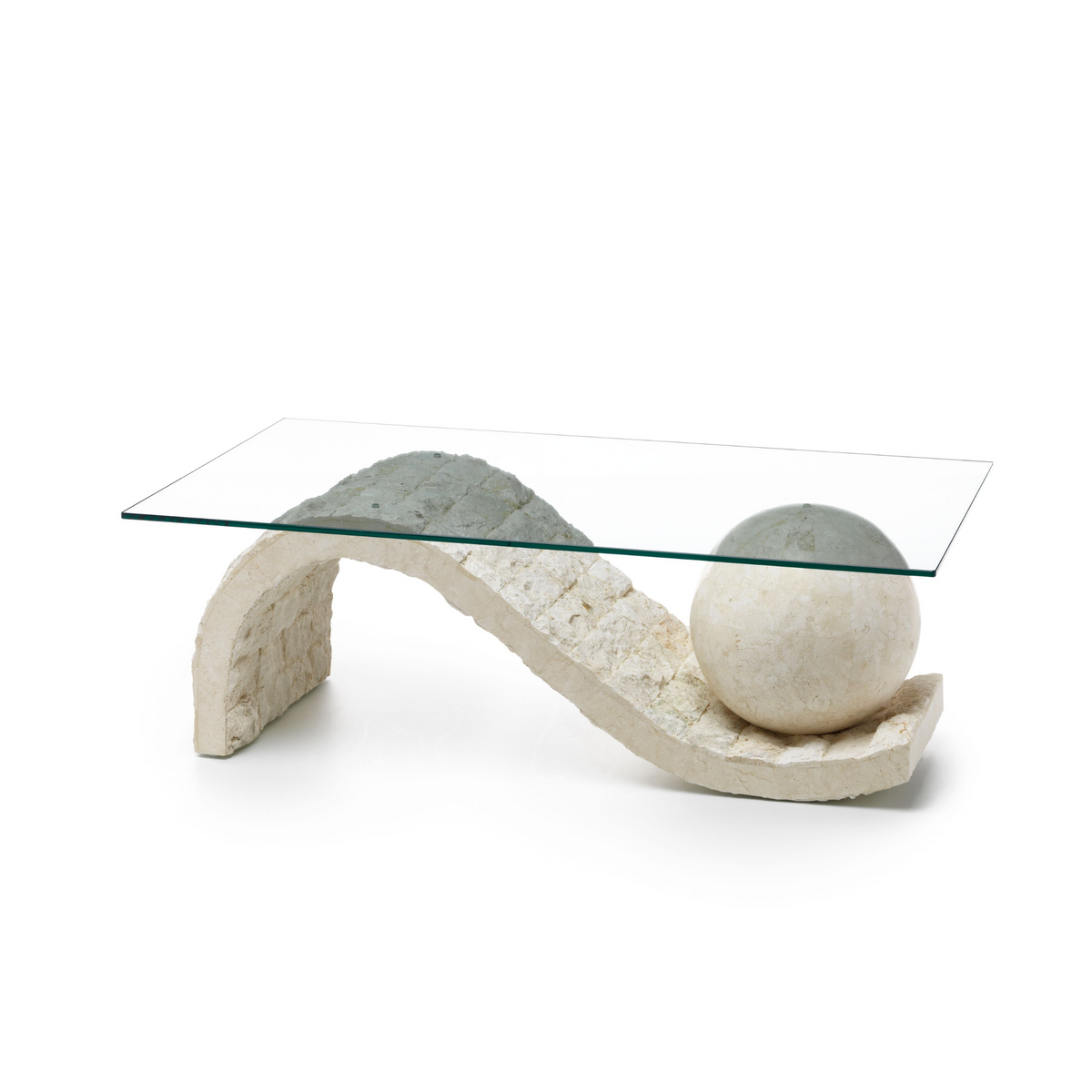 Tavolino basso in pietra fossile "Mary" top in vetro temperato cm 120x70 37h