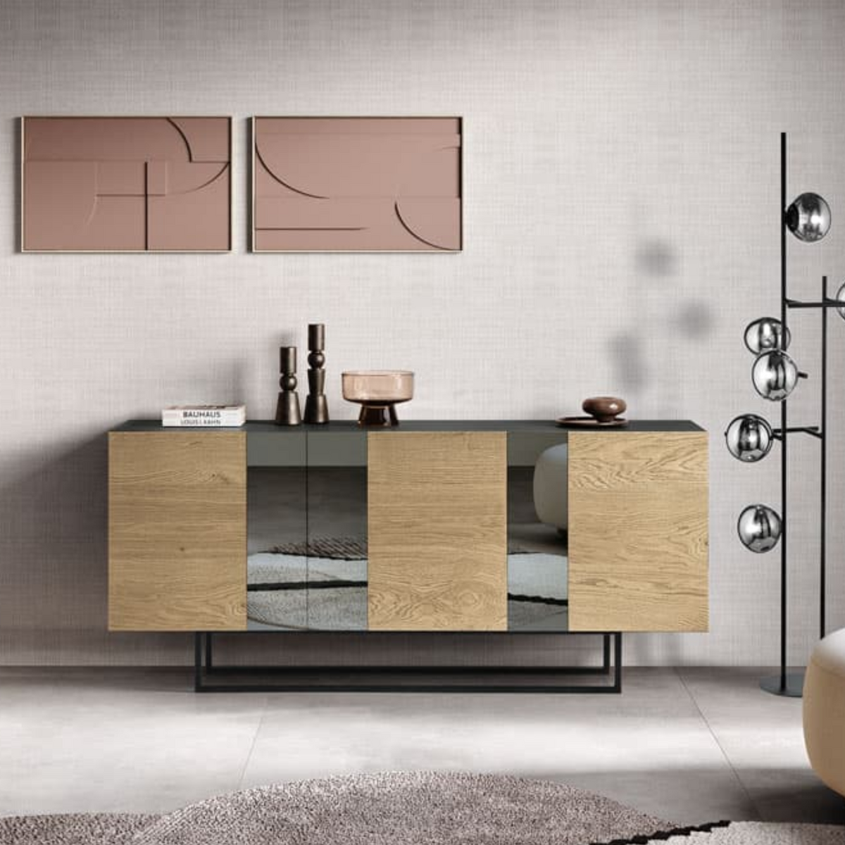 Madia moderna 3 ante già assemblata "Isabel" in legno inserti specchio cm 180x50 80h
