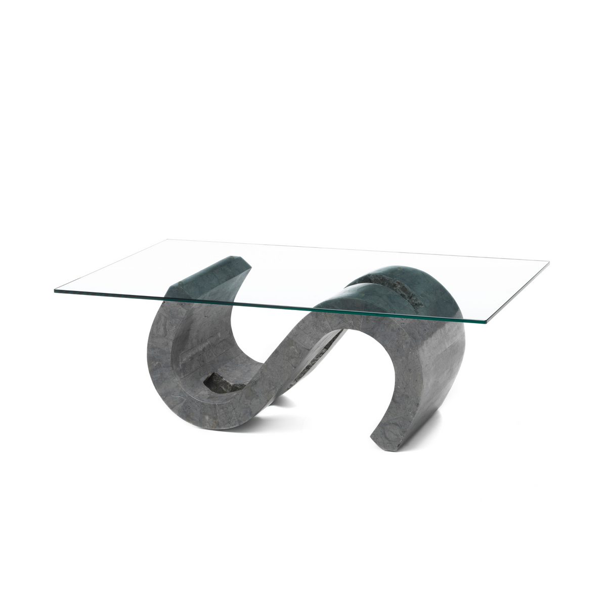 Tavolino basso in pietra fossile "Esse" top in vetro temperato cm 120x70 36h