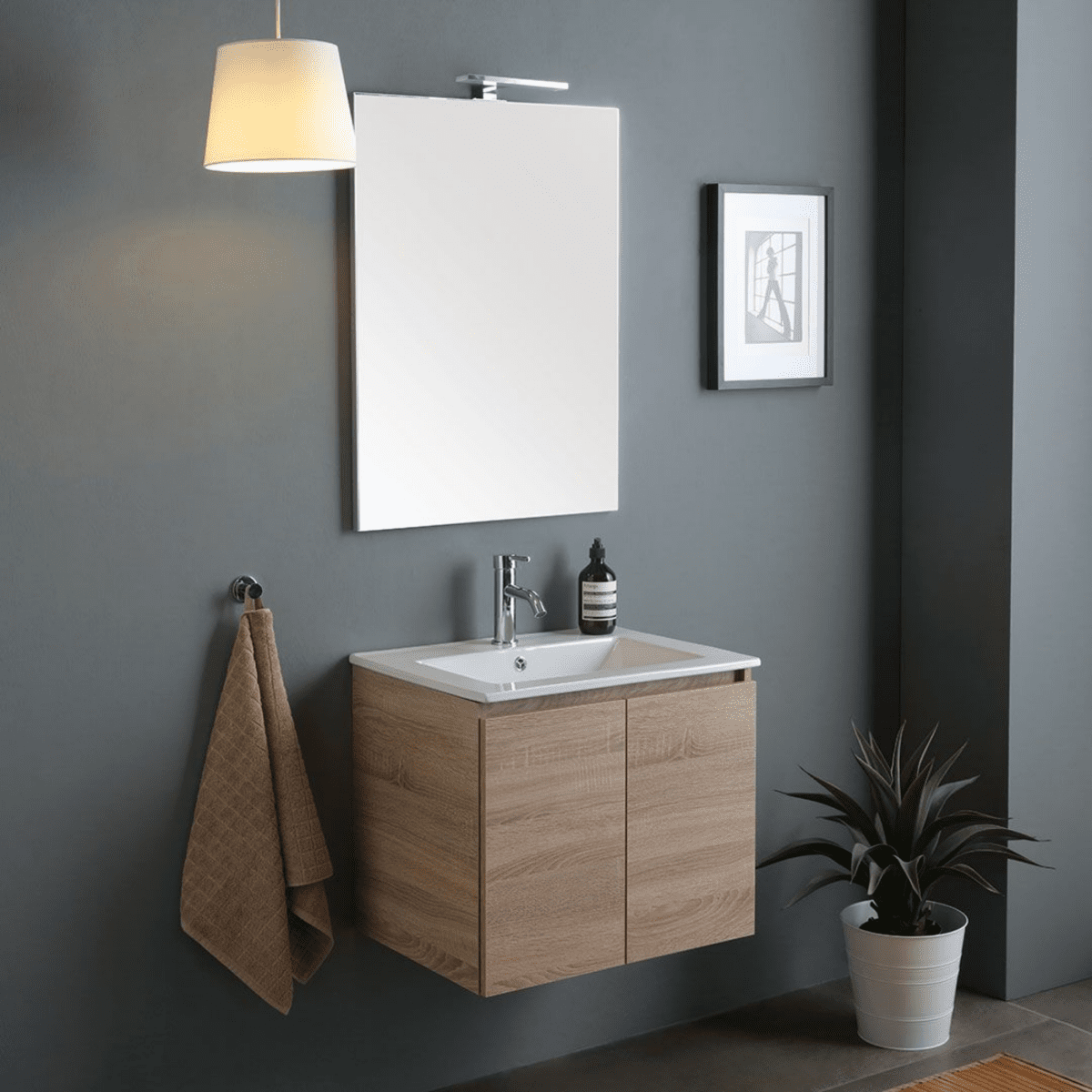 Mobile bagno sospeso 60 cm rovere "Belize" con 2 ante lavabo in ceramica e specchio 60x80 cm - MondoViro