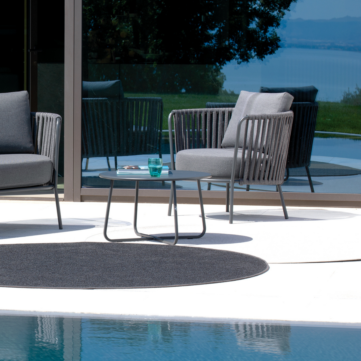 Poltrona bassa in corda e acciaio inox "Daisy Rope" sedia lounge da giardino cm 74x74 69h