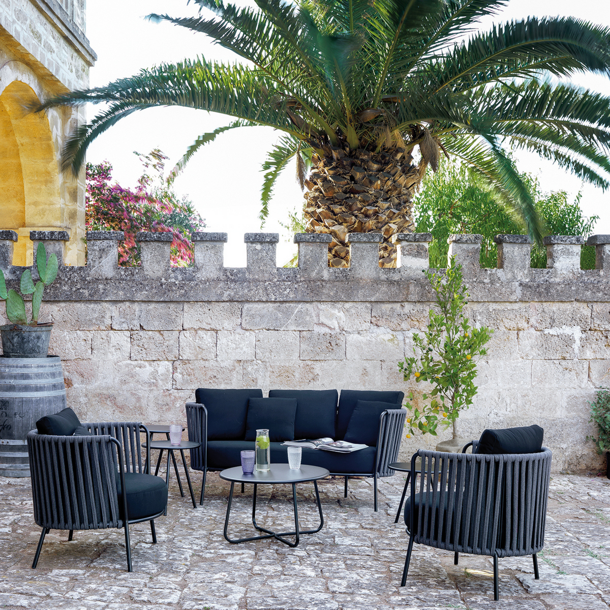 Poltrona bassa maxi in corda e acciaio inox "Daisy Rope" sedia lounge da giardino cm 104x104 71h
