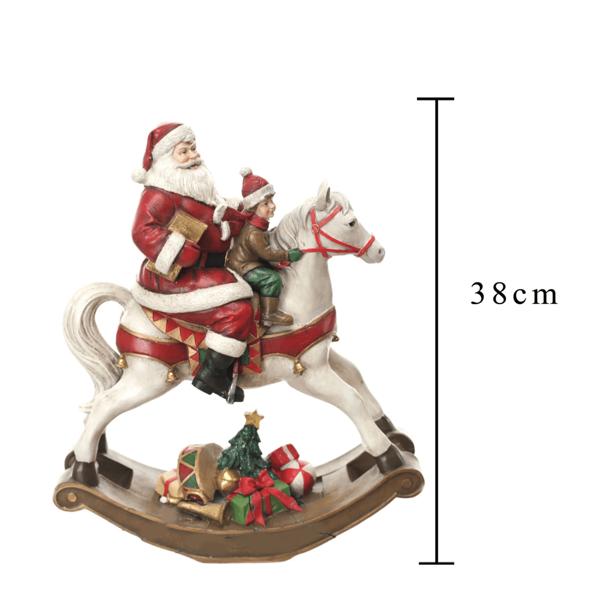 Statuetta cavallo a dondolo con Babbo Natale colori natalizi in poliresina cm 18x8 22h - MondoViro