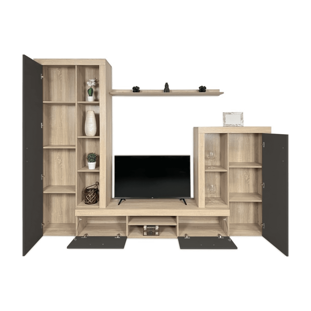 Kit parete attrezzata da soggiorno "Nobel" in legno naturale e antracite cm 263x40 200h - MondoViro