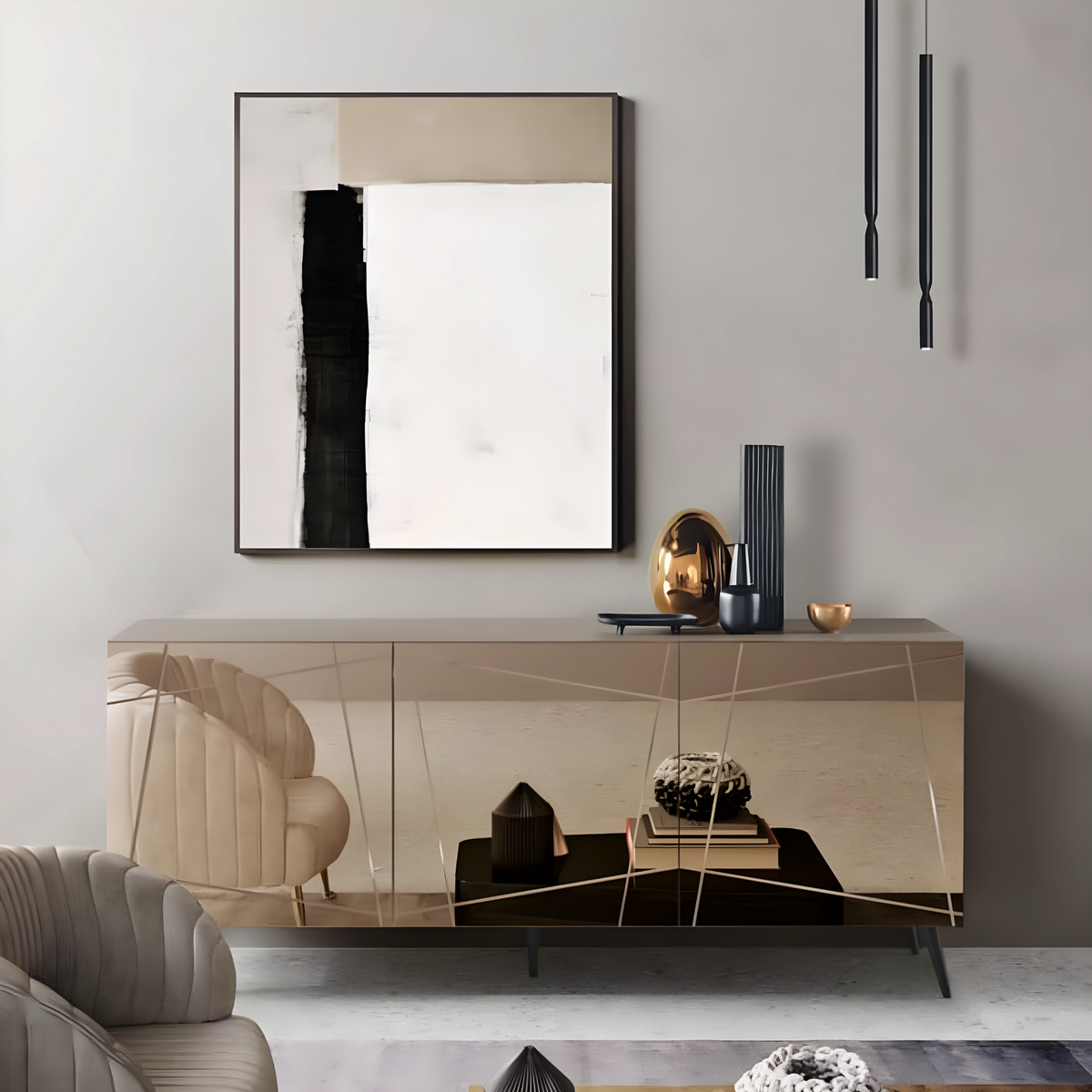 Madia moderna già assemblata in legno "Conty" 3 ante specchio cm 180x50 h80