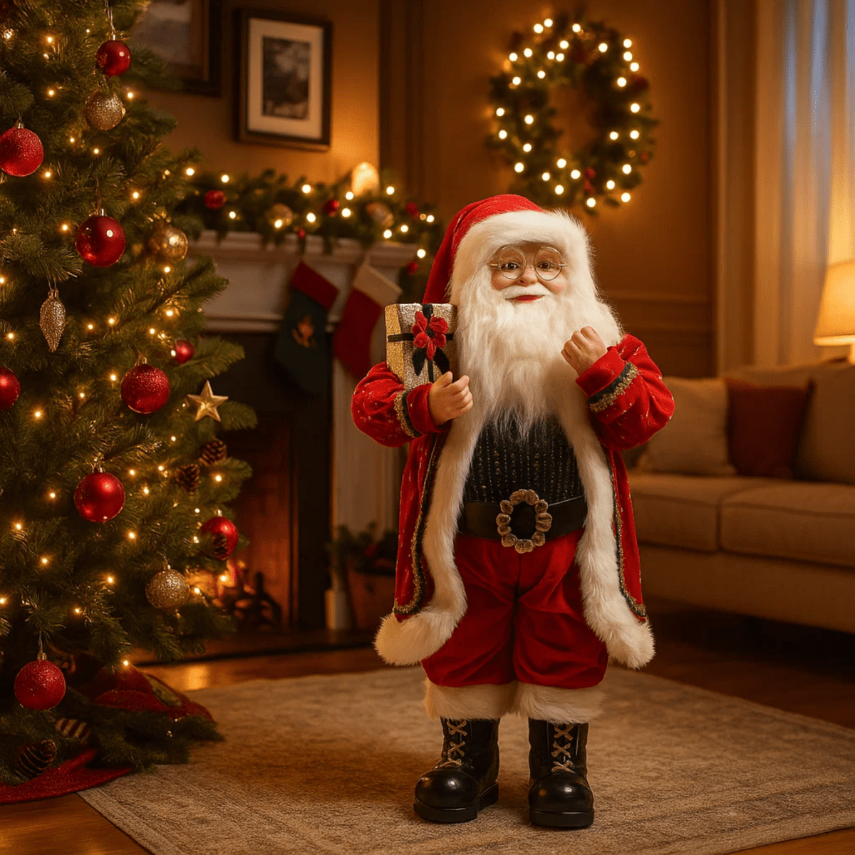 Babbo Natale con vestito rosso e regalo in poliestere per decorazioni natalizie - MondoViro