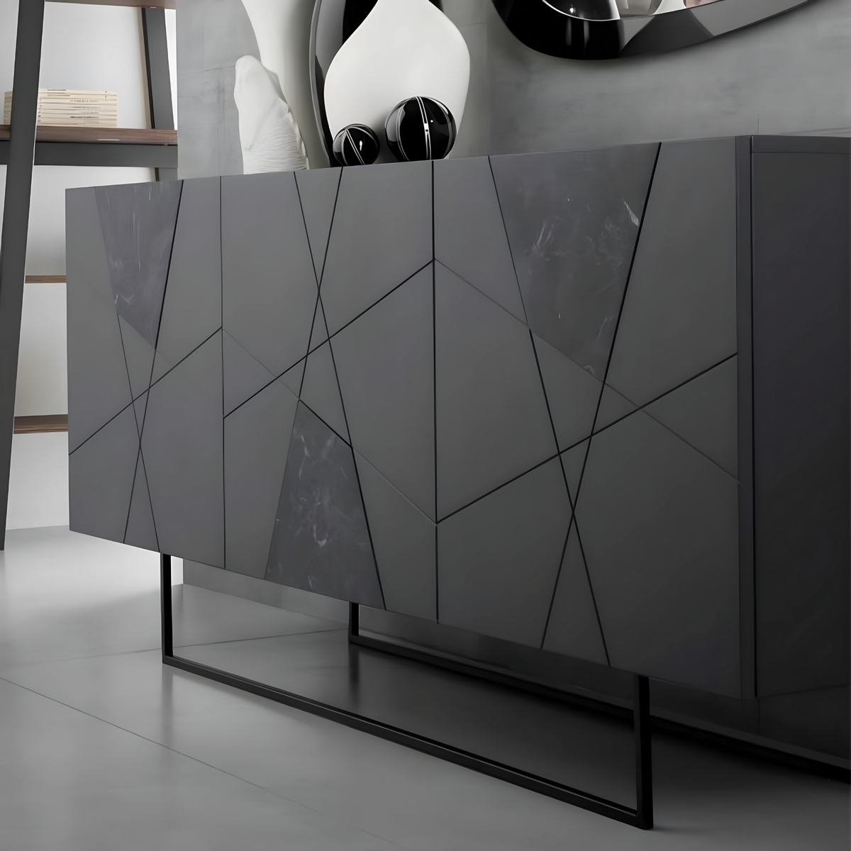 Madia moderna 3 ante "Adelaide" in legno inserti in vetro effetto marmo cm 180x50 80h