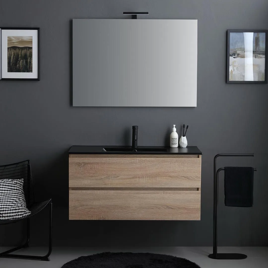 Mobile bagno sospeso 2 cassetti "Berlino100" color rovere con lavabo nero e specchio