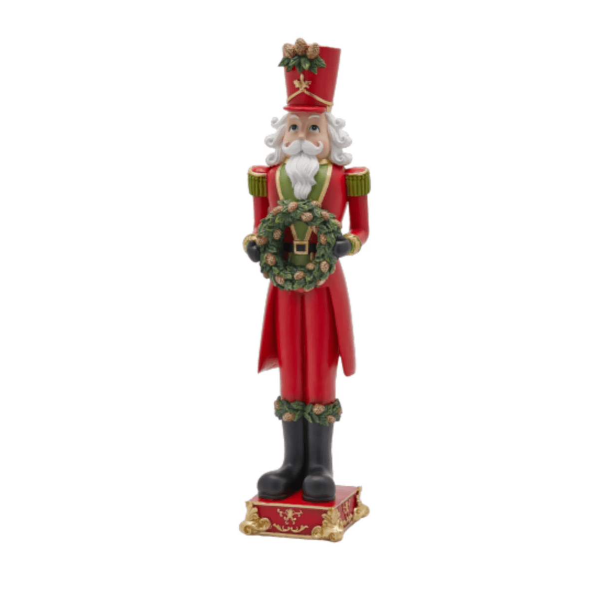 Soldatino natalizio rosso e verde in resina con ghirlanda decorativa integrata con glitter cm 60h - MondoViro
