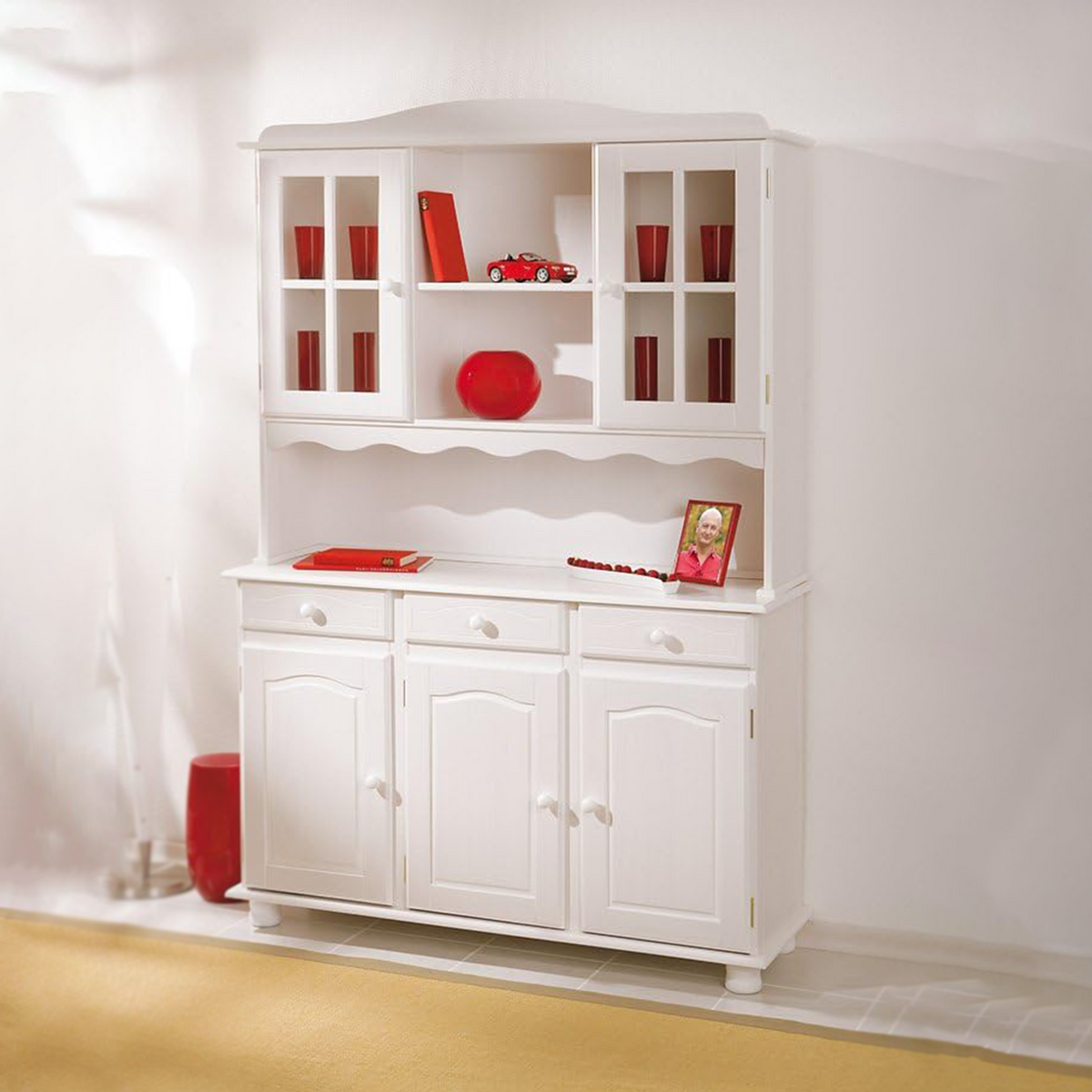 Credenza in legno massello bianco venato "Valencia" con vano a giorno h 198 cm