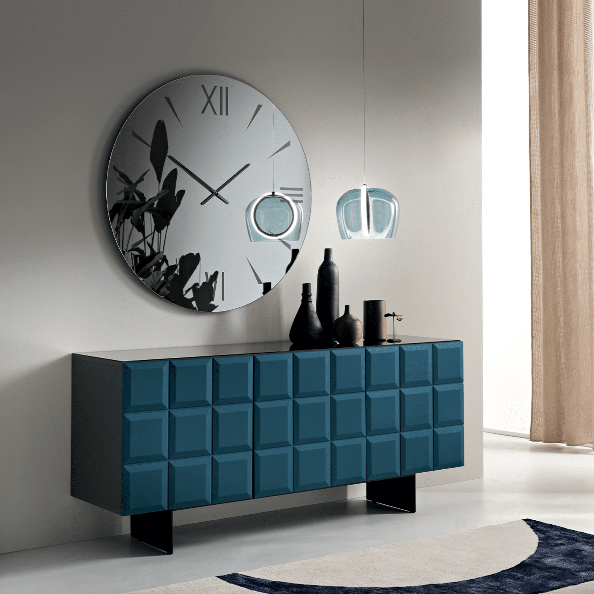Madia "Mirò" con ante in MDF laccato e top in vetro fumé con piede traverso in metallo verniciato - MondoViro