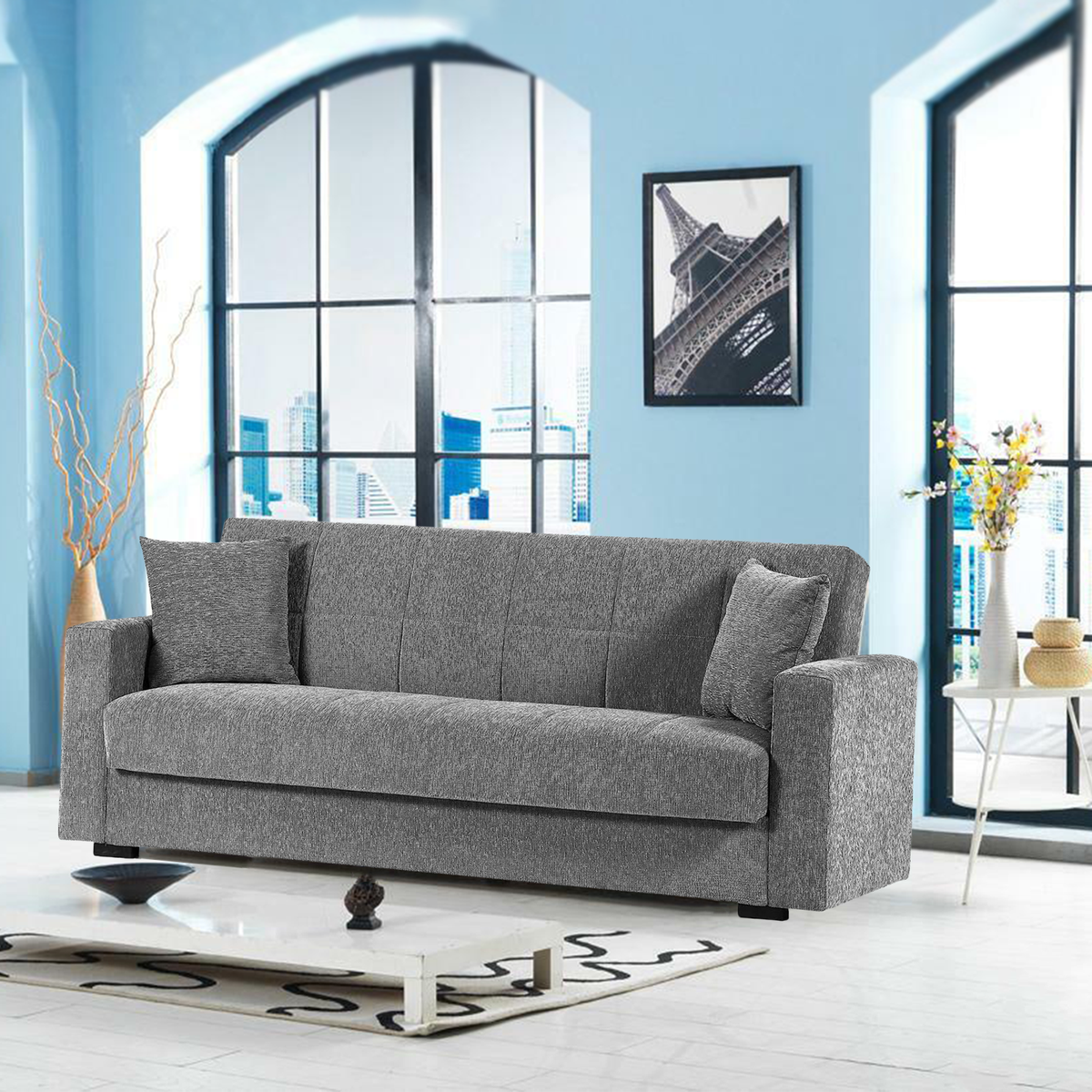 Divano letto matrimoniale moderno con contenitore "Noa" in tessuto cm 210x80 90h