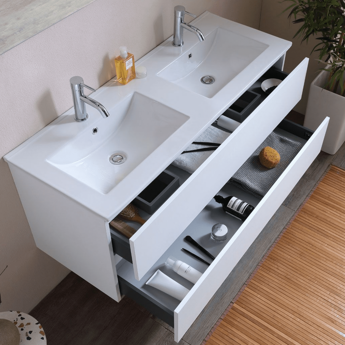 Mobile bagno "Belize120" cm con doppio lavabo e due cassetti finitura bianco legno - MondoViro