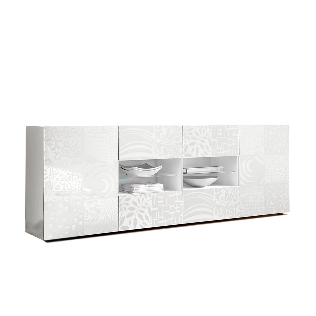 Madia a buffet in legno bianco laccato "Miro" a 2 ante con 4 cassetti cm 241x42 84h