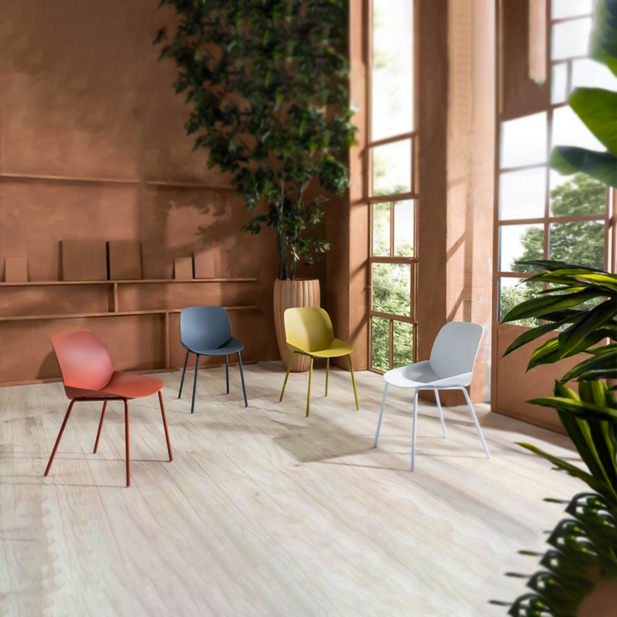 Set di sedie moderne in polipropilene "Azzurra" con struttura in metallo verniciato da soggiorno