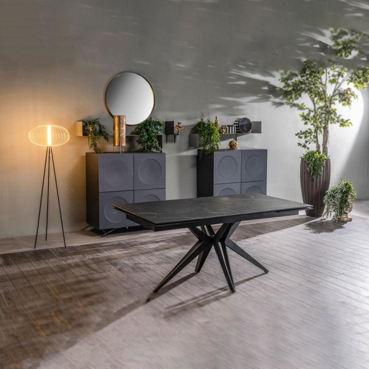 Tavolo allungabile moderno "Amber" 10 posti con piano in ceramica effetto marmo