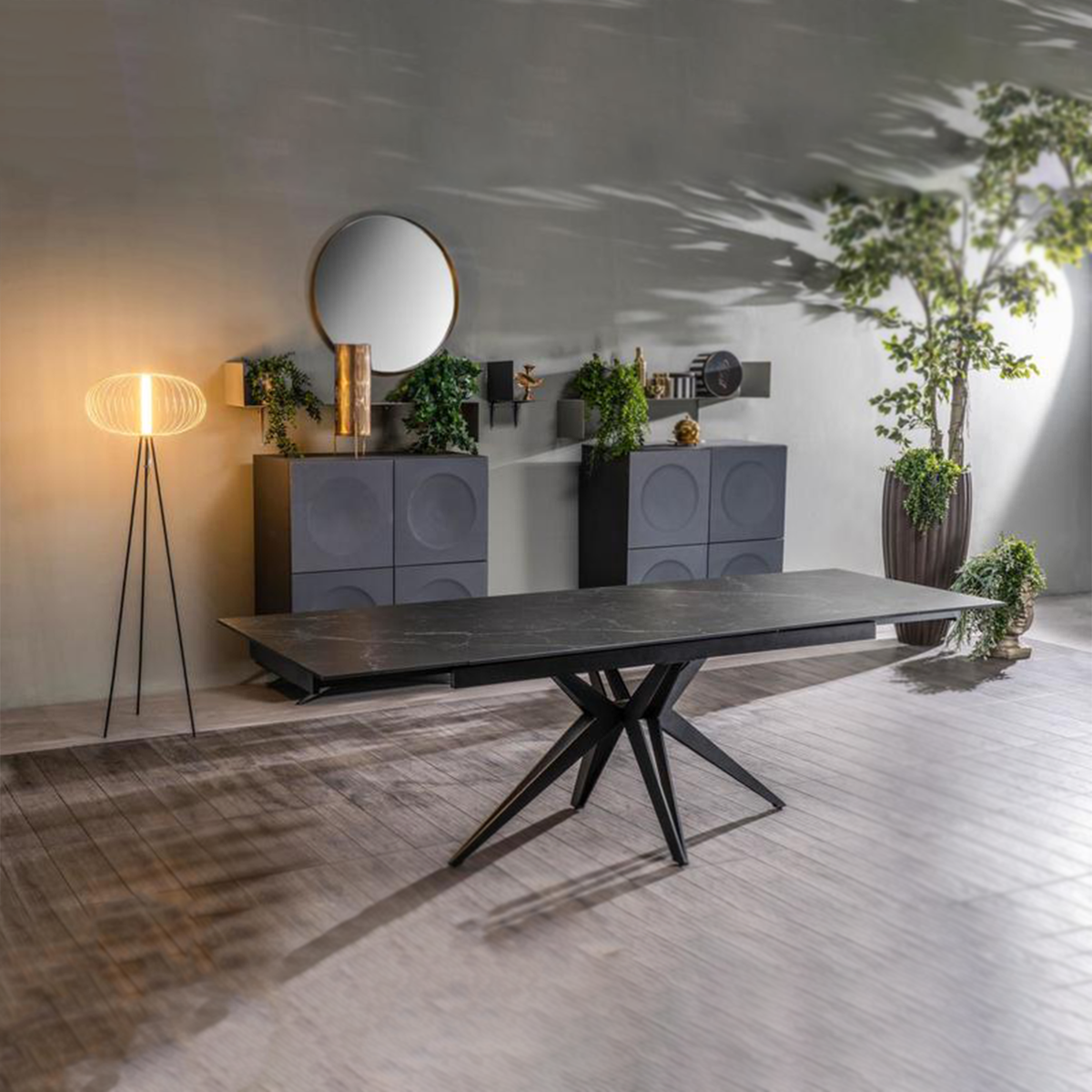 Tavolo allungabile moderno "Amber" 10 posti con piano in ceramica effetto marmo