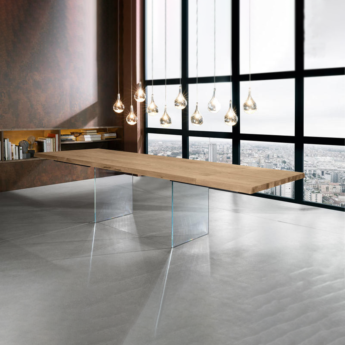 Tavolo allungabile "Fabien" piano in legno gambe in vetro temperato cm 200/300x100 76h