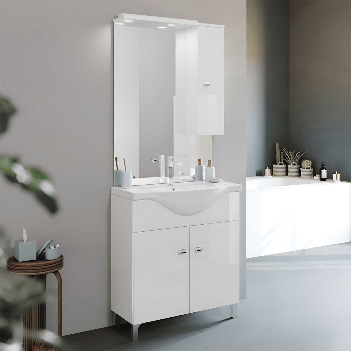 Mobili bagno "Kiro" in nobilitato con finitura bianco lucido , lavabo in ceramica da incasso e specchio - MondoViro