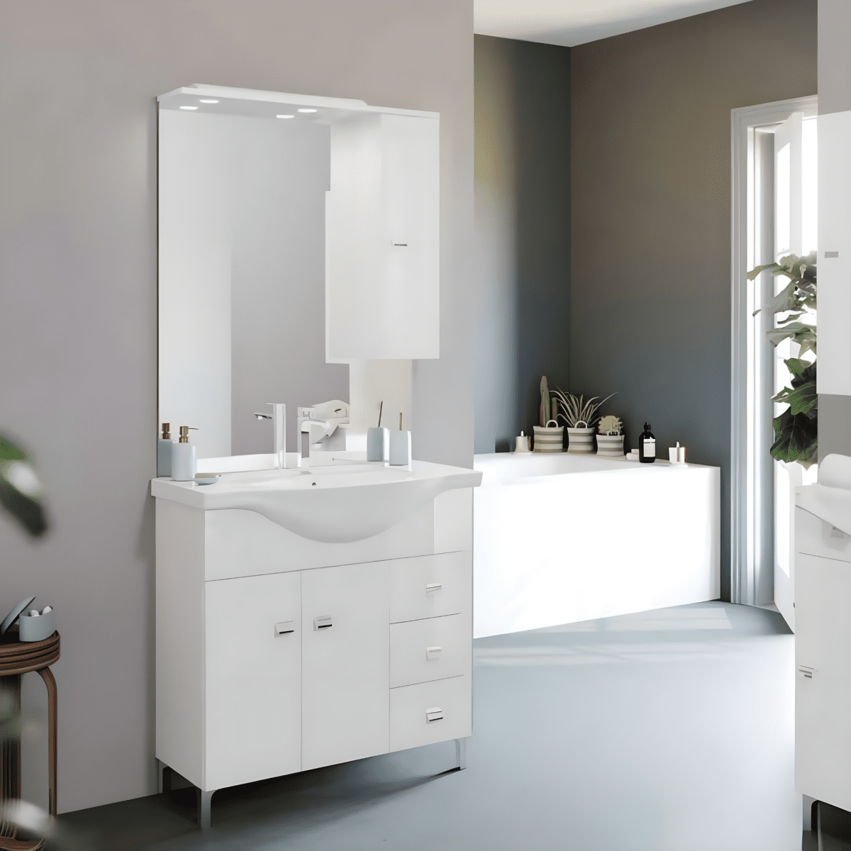 Mobili bagno "Kiro" in nobilitato con finitura bianco lucido , lavabo in ceramica da incasso e specchio - MondoViro